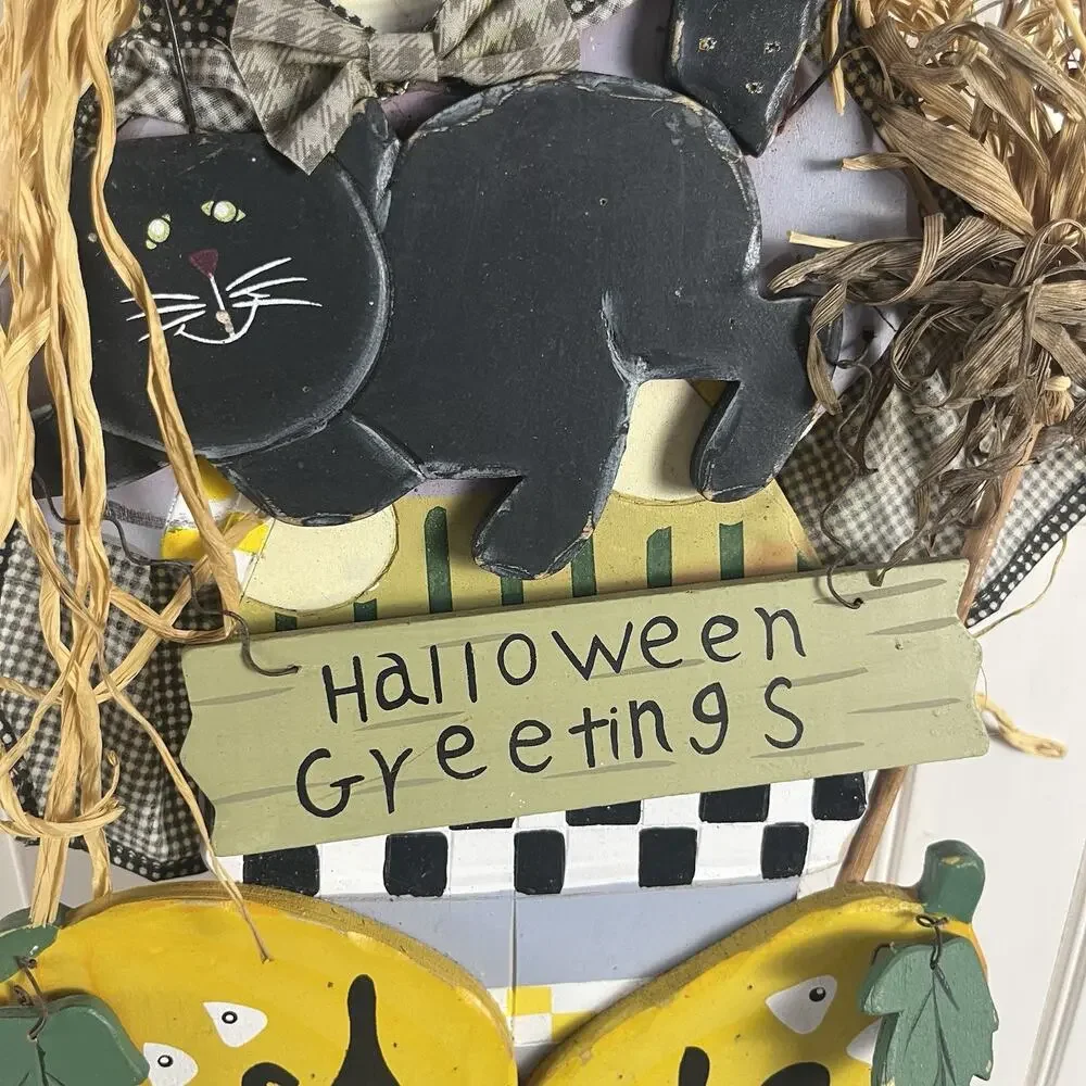 Vintage Halloween Witch Black Cat Pumpkin Wall Hanging Primitive Folk Art Kitsch
